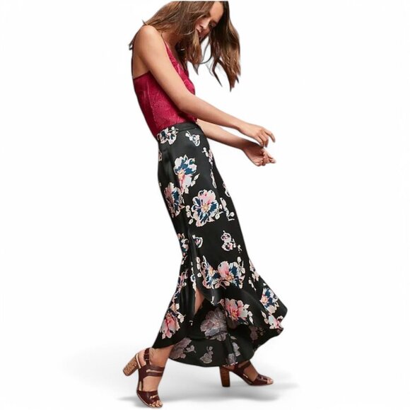 Anthropologie Elevenses Tansy Ruffle Leg Pants Black Floral US Size 6 - Picture 8 of 15